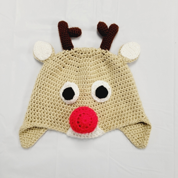Other - Handmade Crochet Rudolph Style Stocking Cap, Red Nosed Reindeer with Ear Flaps